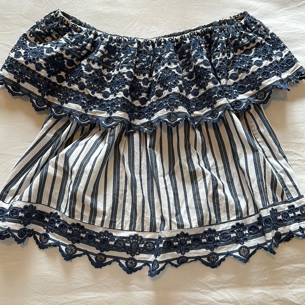 Top Shop off the shoulder blue & white top!